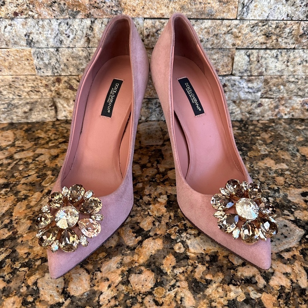 DOLCE & GABBANA Shoes Pink Leather Crystal Heels Pumps Heels - Picture 7 of 14
